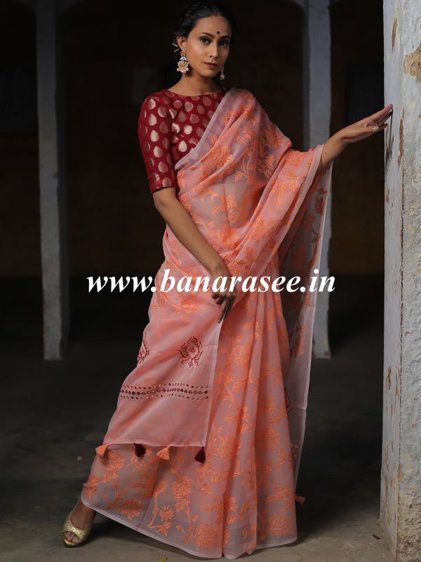 Banarasee Handwoven Organza Silk Embroidered Saree With Contrast Silk Cotton Blouse-Peach & Maroon