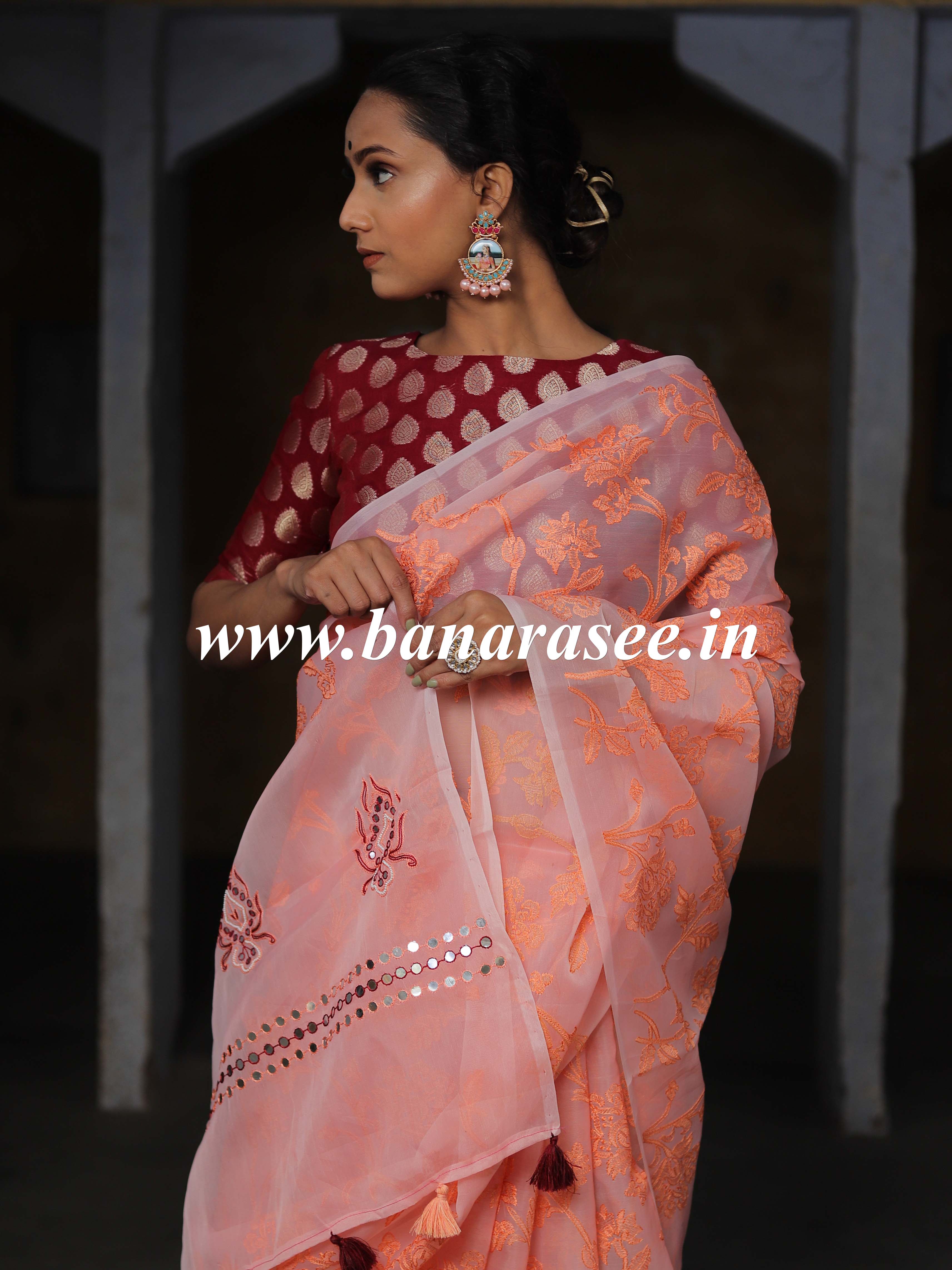 Banarasee Handwoven Organza Silk Embroidered Saree With Contrast Silk Cotton Blouse-Peach & Maroon