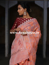 Banarasee Handwoven Organza Silk Embroidered Saree With Contrast Silk Cotton Blouse-Peach & Maroon