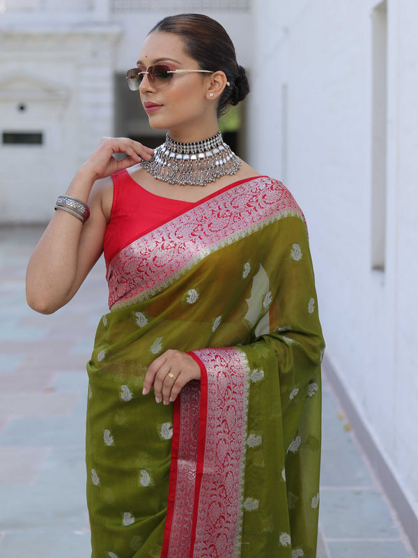 Banarasee Handwoven Semi-Chiffon Saree With Silver Zari Buti & Contrast Border-Green & Red