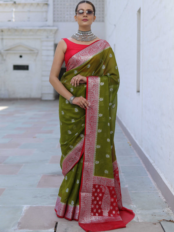 Banarasee Handwoven Semi-Chiffon Saree With Silver Zari Buti & Contrast Border-Green & Red