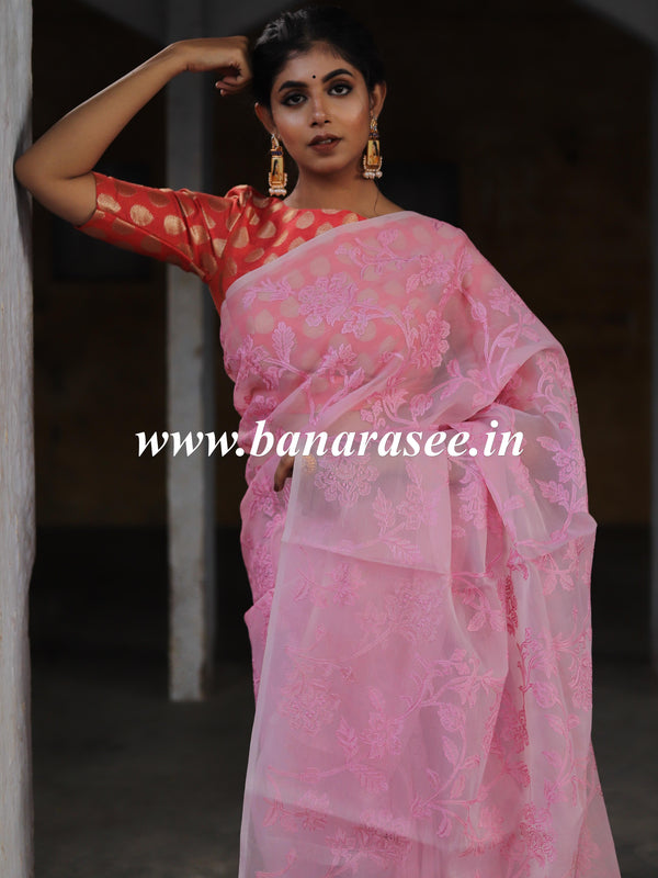 Banarasee Handwoven Organza Silk Embroidered Saree With Contrast Silk Cotton Blouse-Pink & Peach