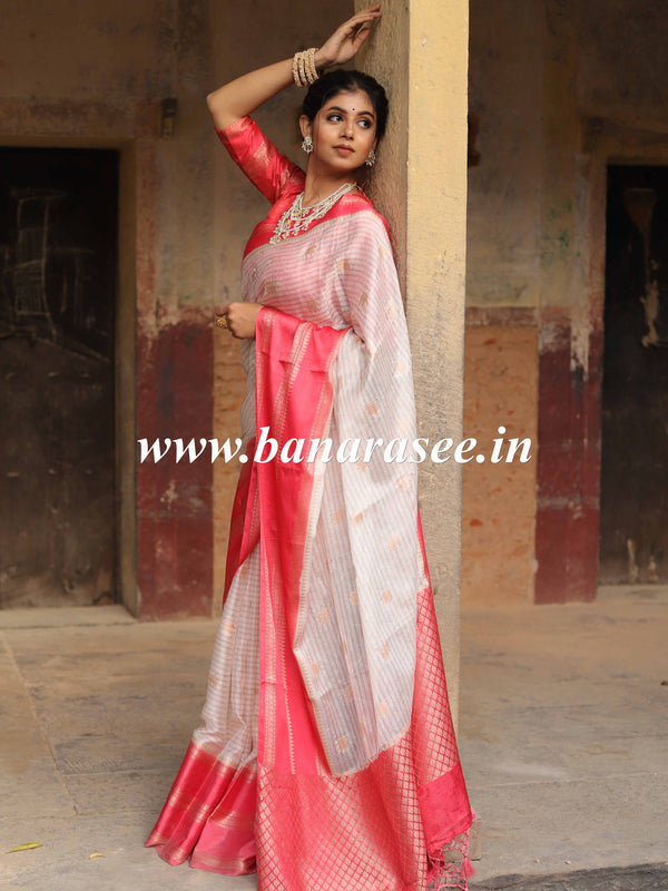 Banarasee Handwoven  Soft Semi Silk Saree With Contrast Border Design-White & Red