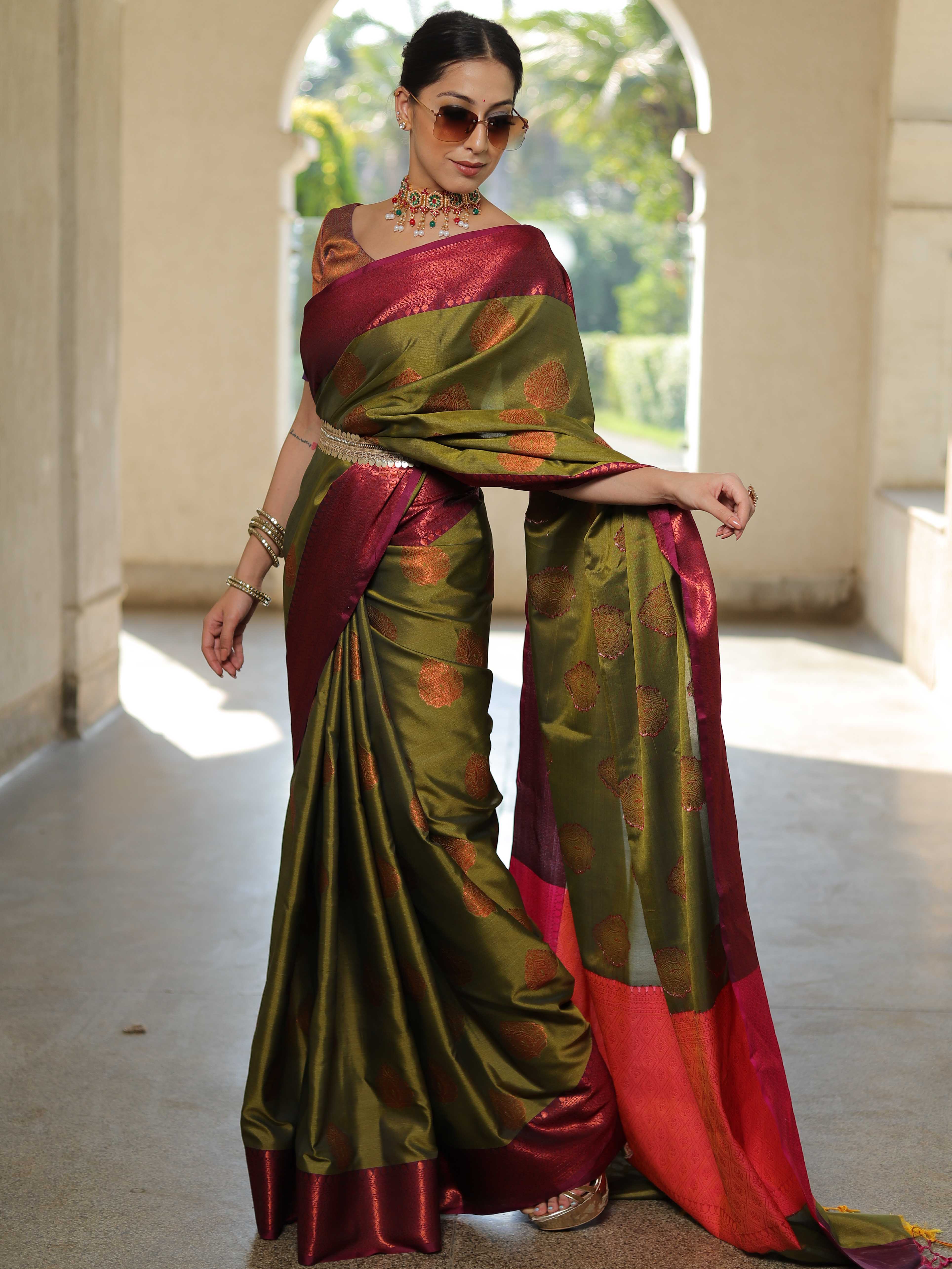 Banarasee Soft Semi Silk Saree With Contrast Border-Olive Green