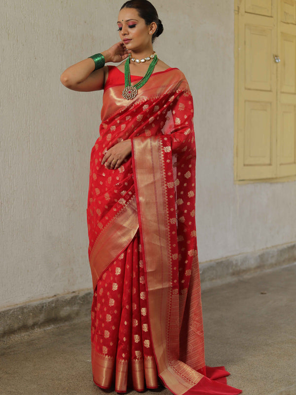 Banarasee Cotton Silk Zari Border & Buta Saree-Red