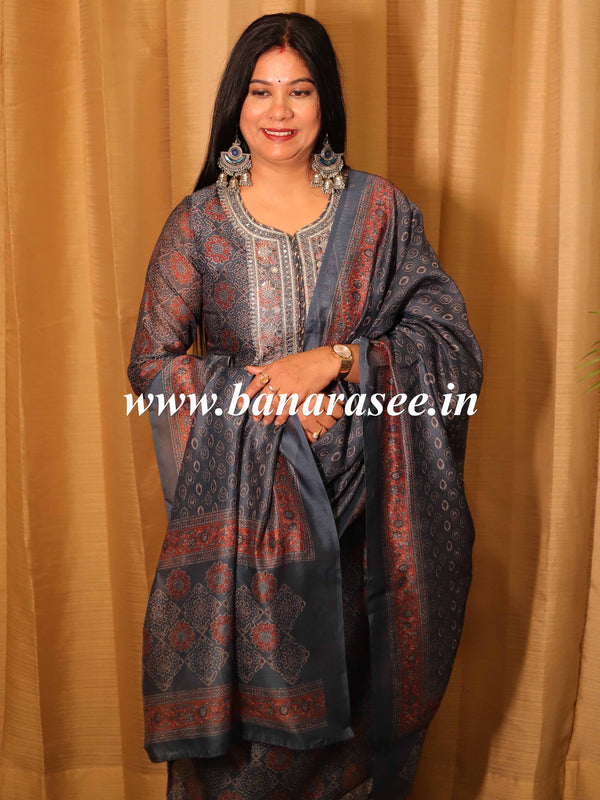 Banarasee Chanderi Silk Kurta Pants With Dupatta Suit Set-Blue