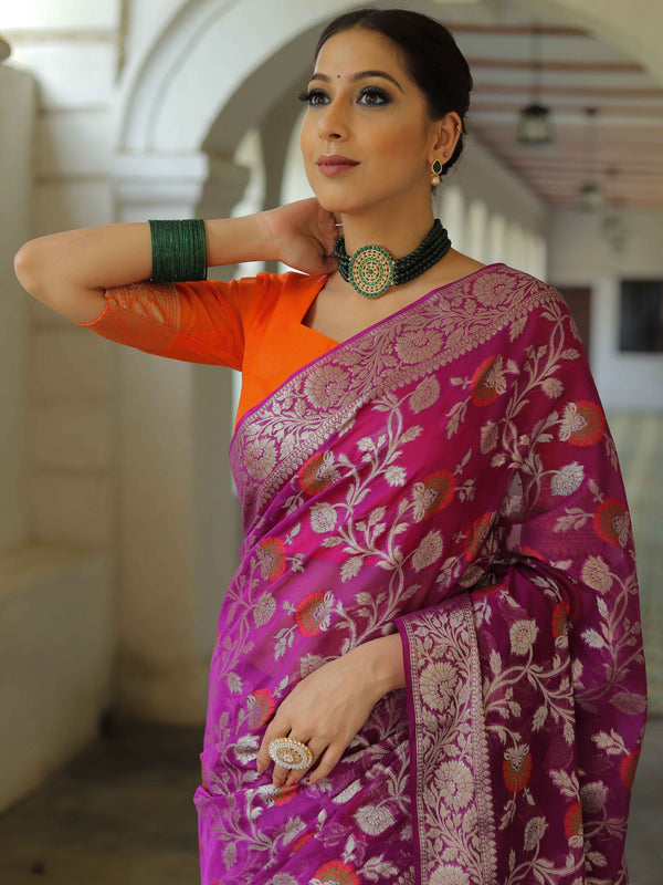 Banarasee Faux Georgette Saree With Meena Floral Jaal Work & Contrast Border-Violet