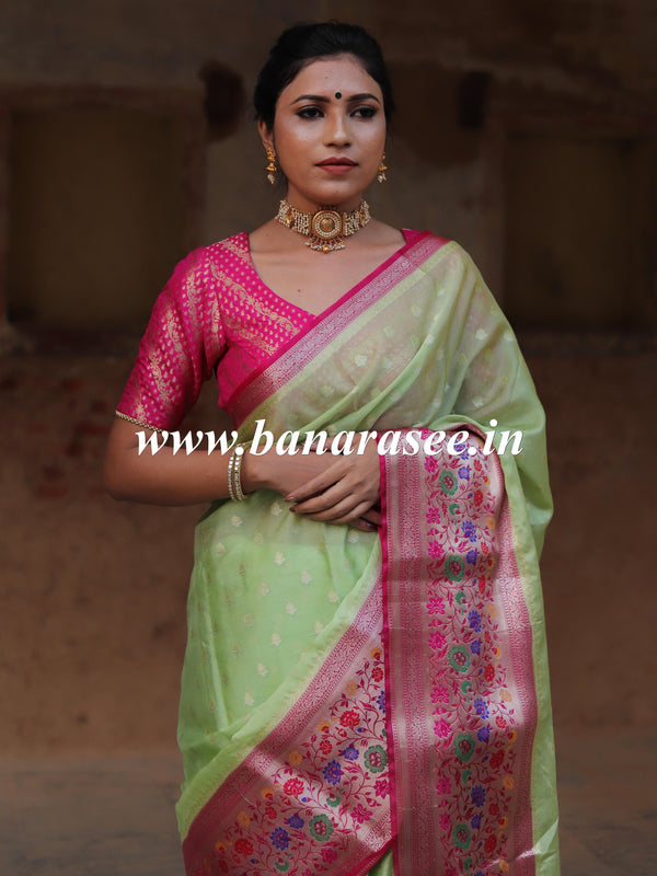 Banarasee Handwoven Semi Silk Saree With Meena Border Design-Mint Green