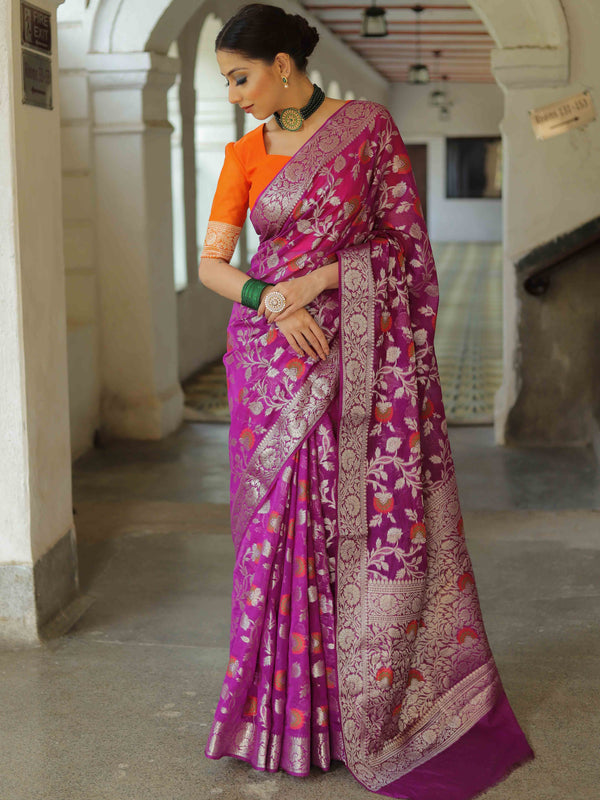 Banarasee Faux Georgette Saree With Meena Floral Jaal Work & Contrast Border-Violet