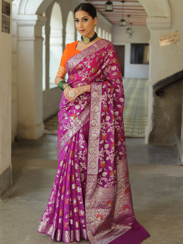 Banarasee Faux Georgette Saree With Meena Floral Jaal Work & Contrast Border-Violet