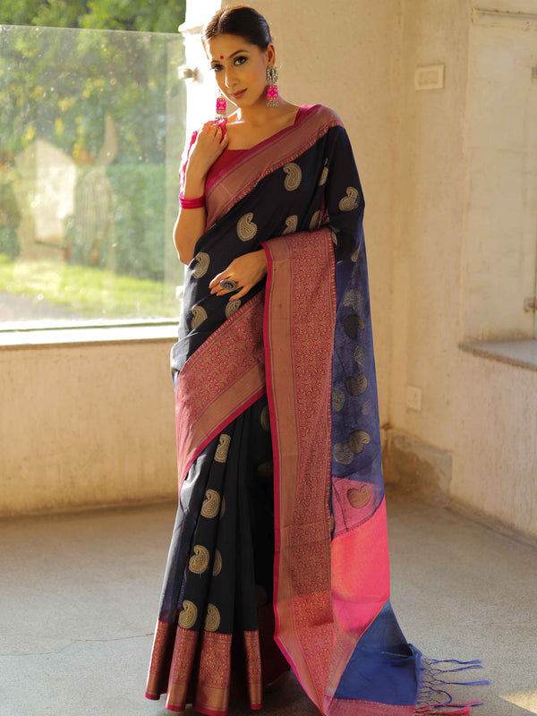 Banarasee Cotton Silk Mix Saree With Zari Paisley Buta-Blue & Pink