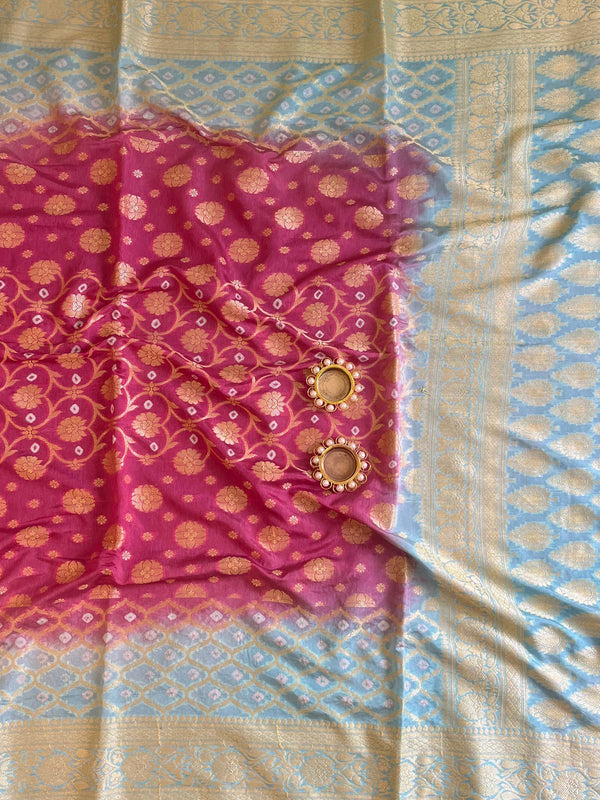 Banarasee Handwoven Semi Silk Bandhej Saree With Broad Zari Floral Border-Pink & Blue