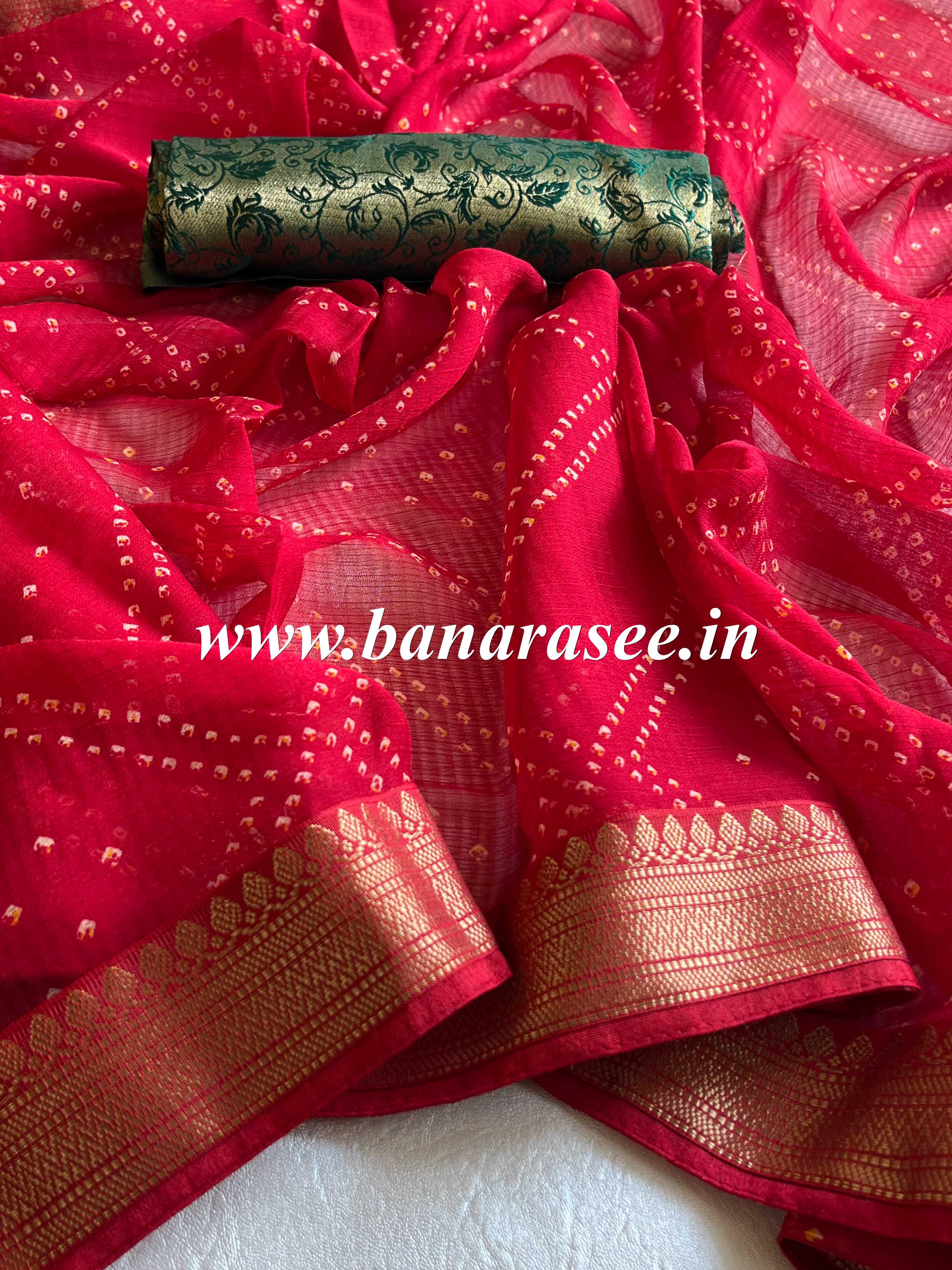 Banarasee Chiffon Blend Saree Chunri Print Zari Border & Silk Blouse-Red