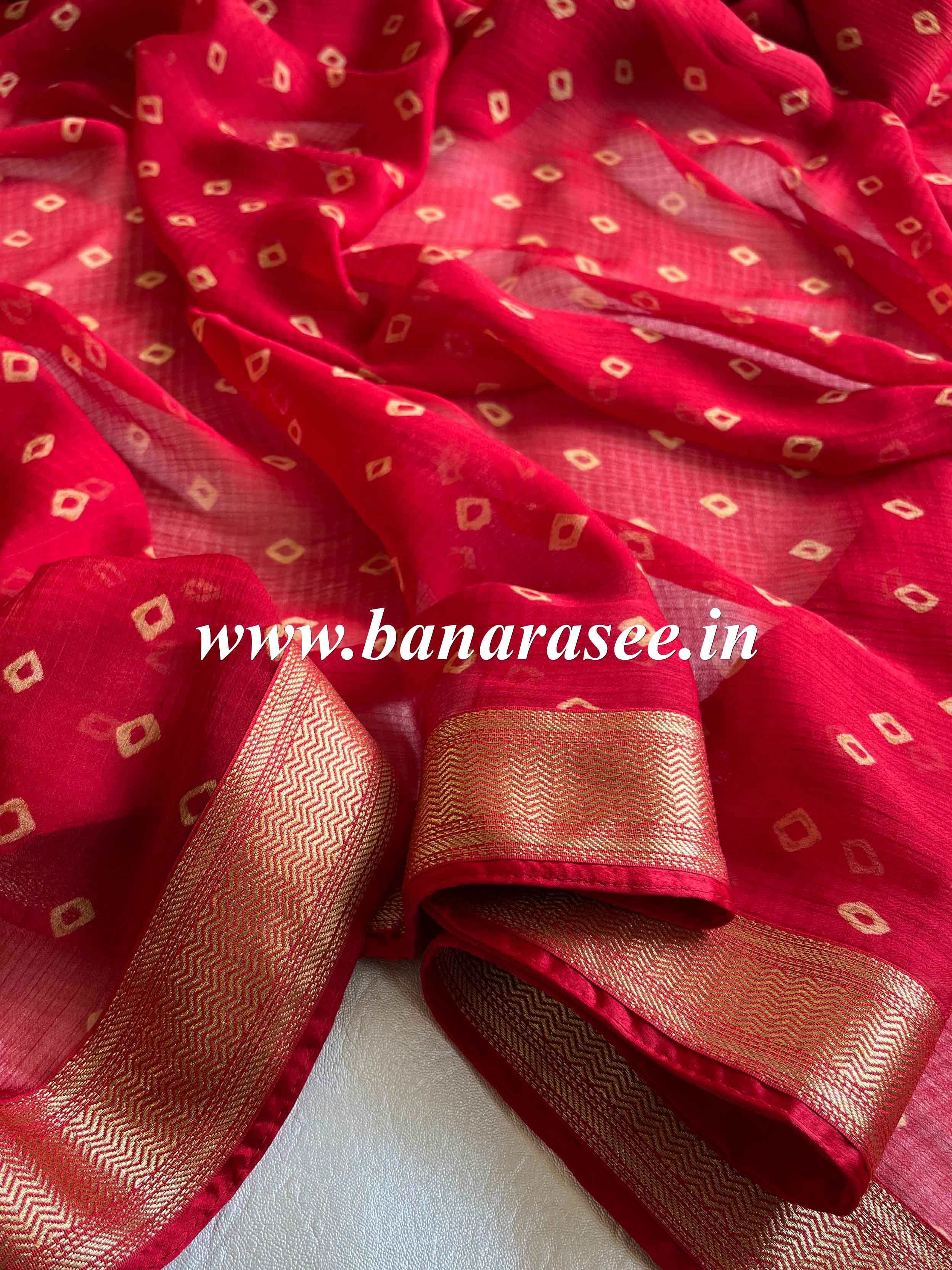 Banarasee Chiffon Blend Saree Chunri Print Zari Border & Silk Blouse-Red