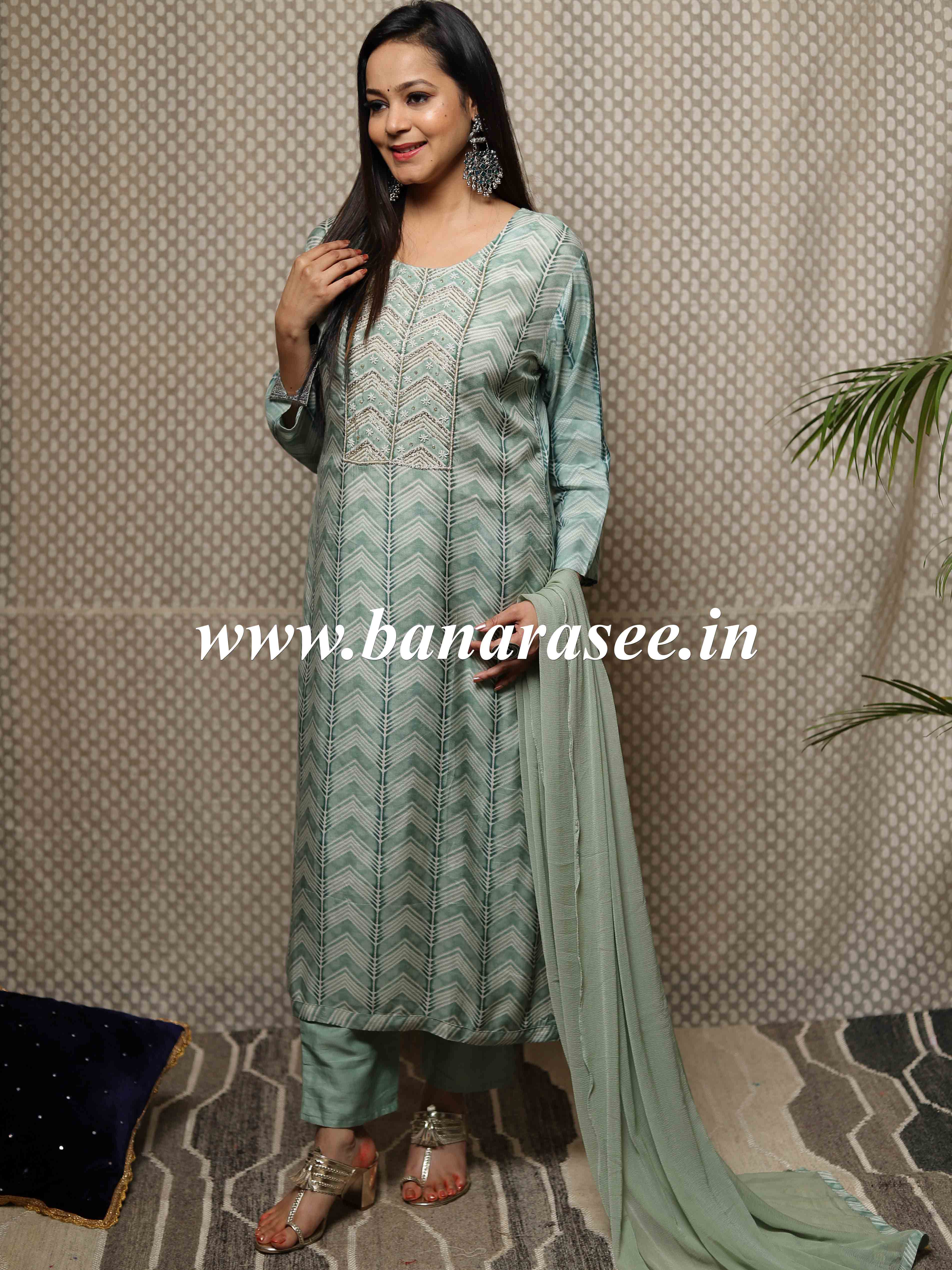 Banarasee Muslin Silk Kurta Pants With Chiffon Dupatta Suit Set-Pistachio Green
