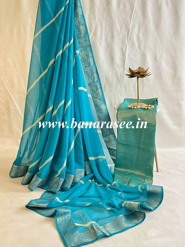 Banarasee Chiffon Blend Saree With Leheriya Work Zari Border & Brocade Blouse-Turquoise Blue