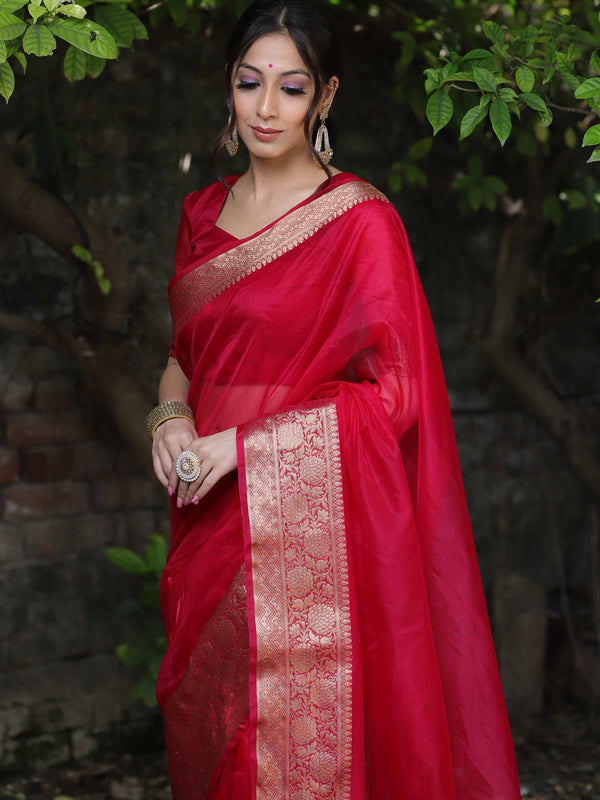 Banarasee Organza Mix Saree With Zari Border-Pink