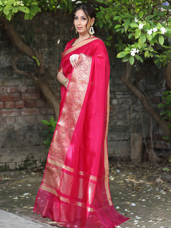 Banarasee Organza Mix Saree With Zari Border-Pink