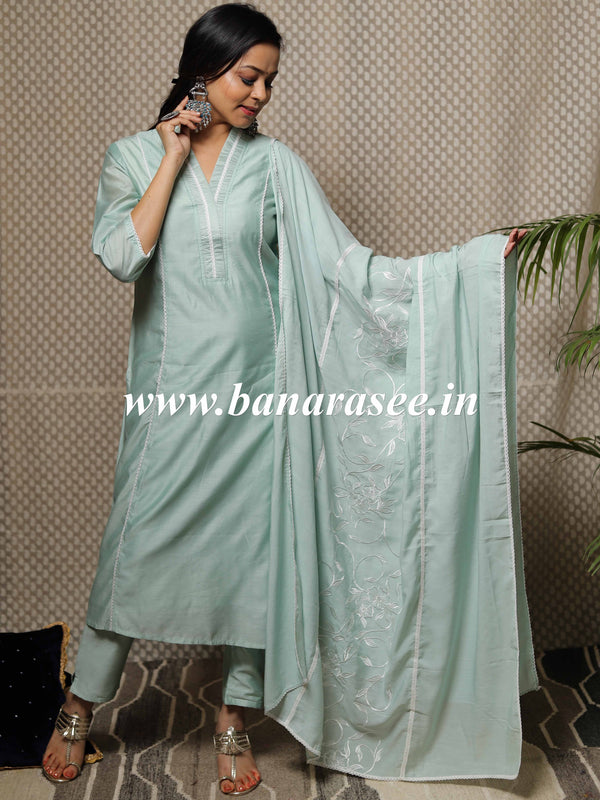 Banarasee Chanderi Kurta Pants With Dupatta Suit Set-Pastel Green