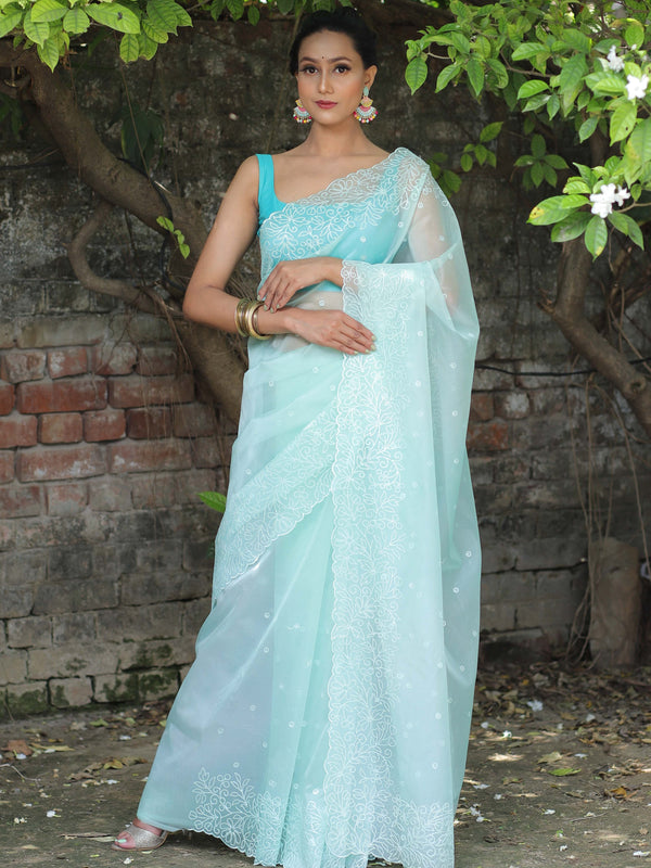 Banarasee Handwoven Organza Silk Floral Embroidered Saree-Sea Green