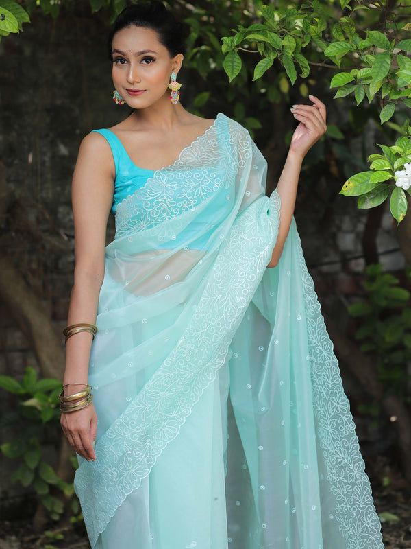 Banarasee Handwoven Organza Silk Floral Embroidered Saree-Sea Green