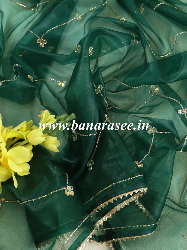 Banarasee Organza Silk Hand-work Saree-Bottle Green