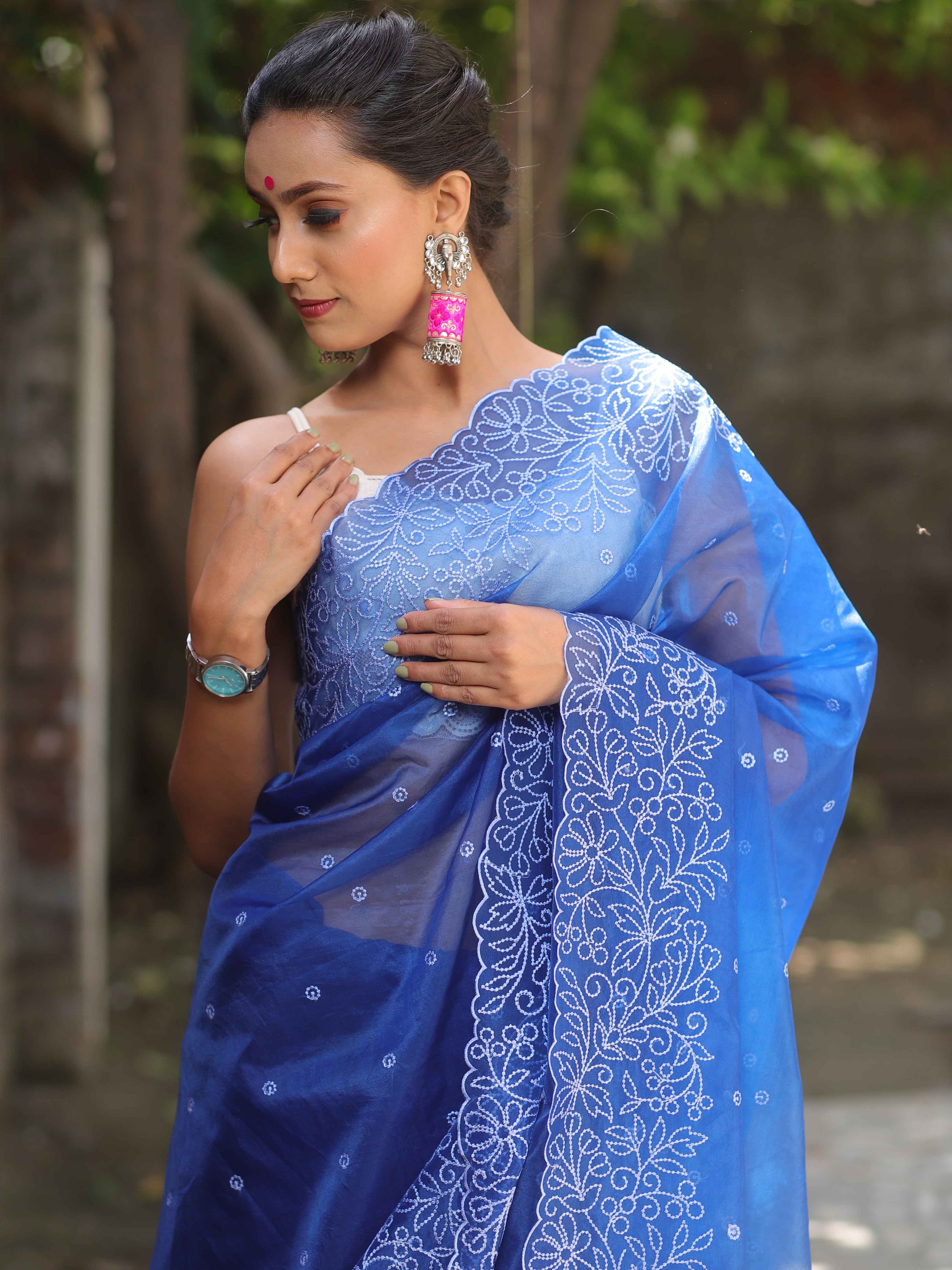 Banarasee Handwoven Organza Silk Floral Embroidered Saree-Royal Blue