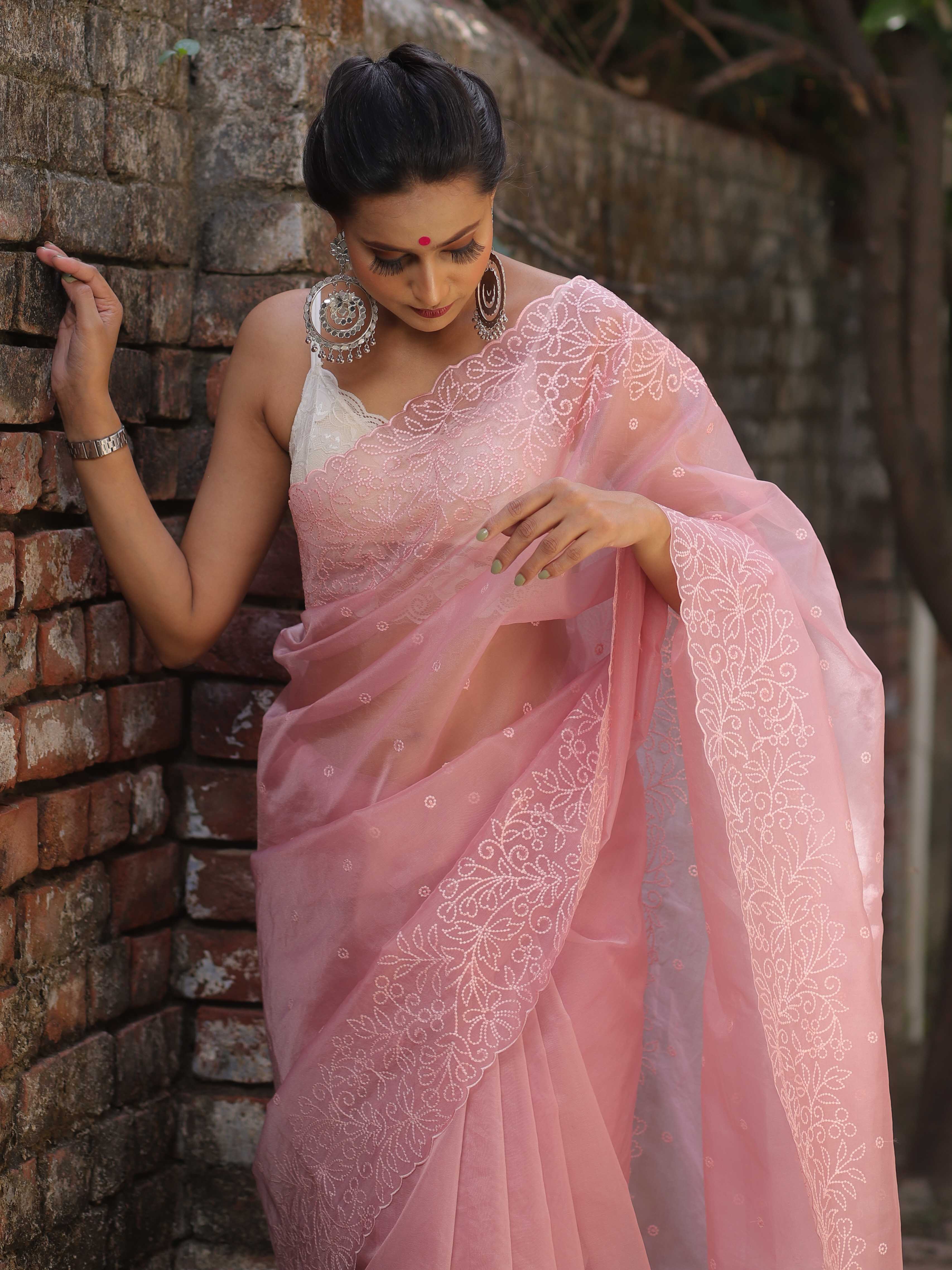 Banarasee Handwoven Organza Silk Floral Embroidered Saree Onion Pink