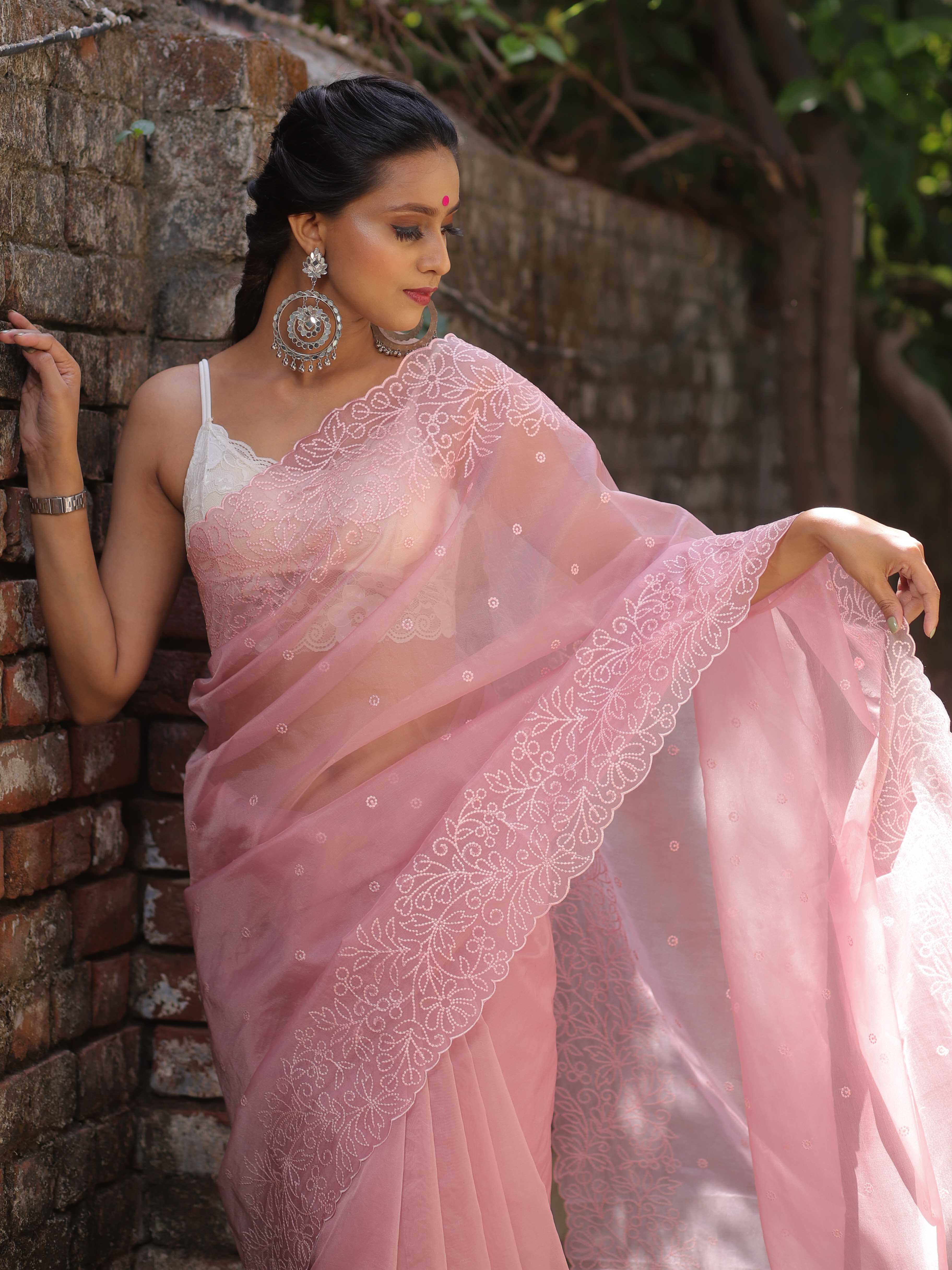 Banarasee Handwoven Organza Silk Floral Embroidered Saree-Onion Pink