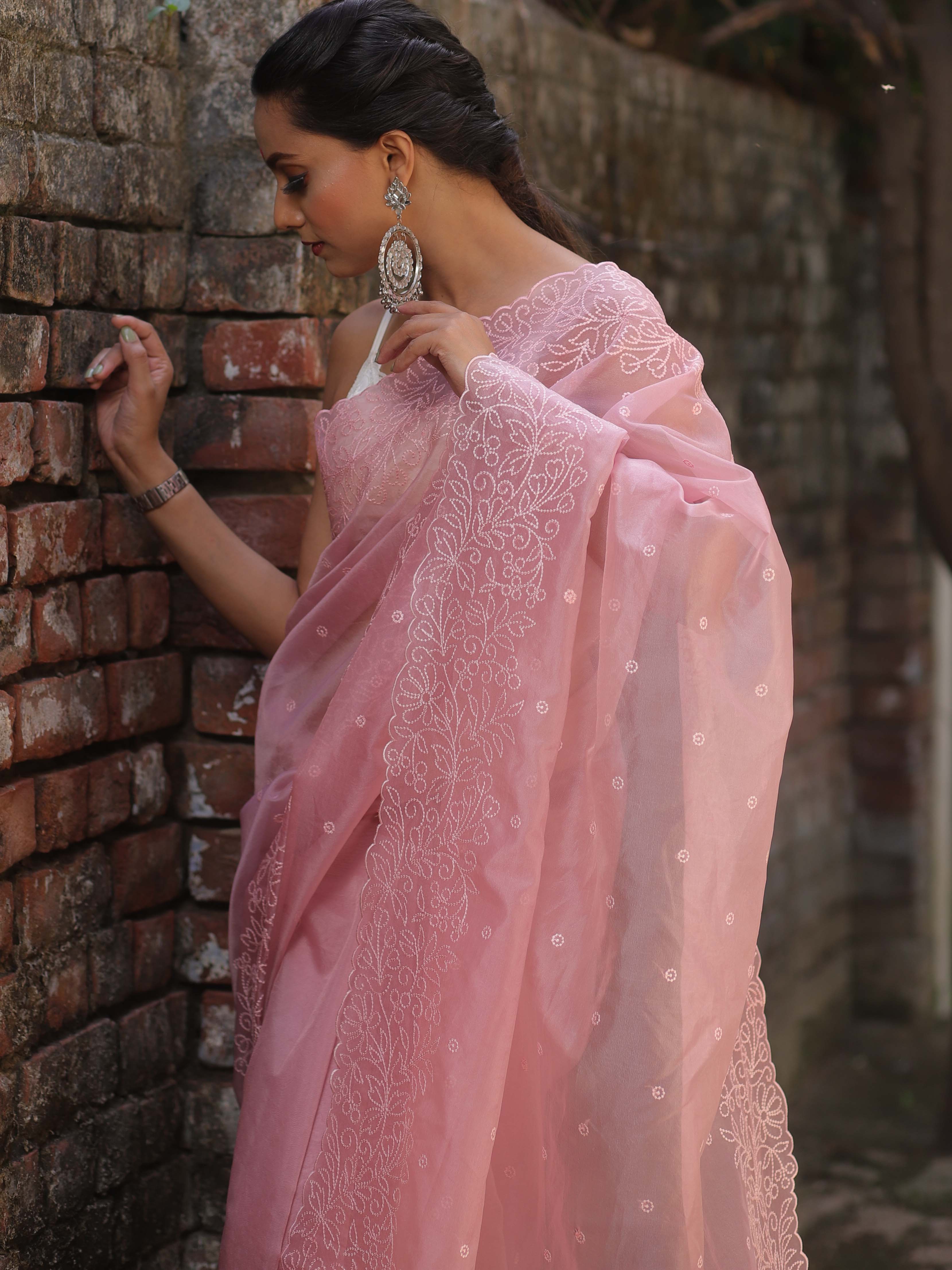 Banarasee Handwoven Organza Silk Floral Embroidered Saree-Onion Pink