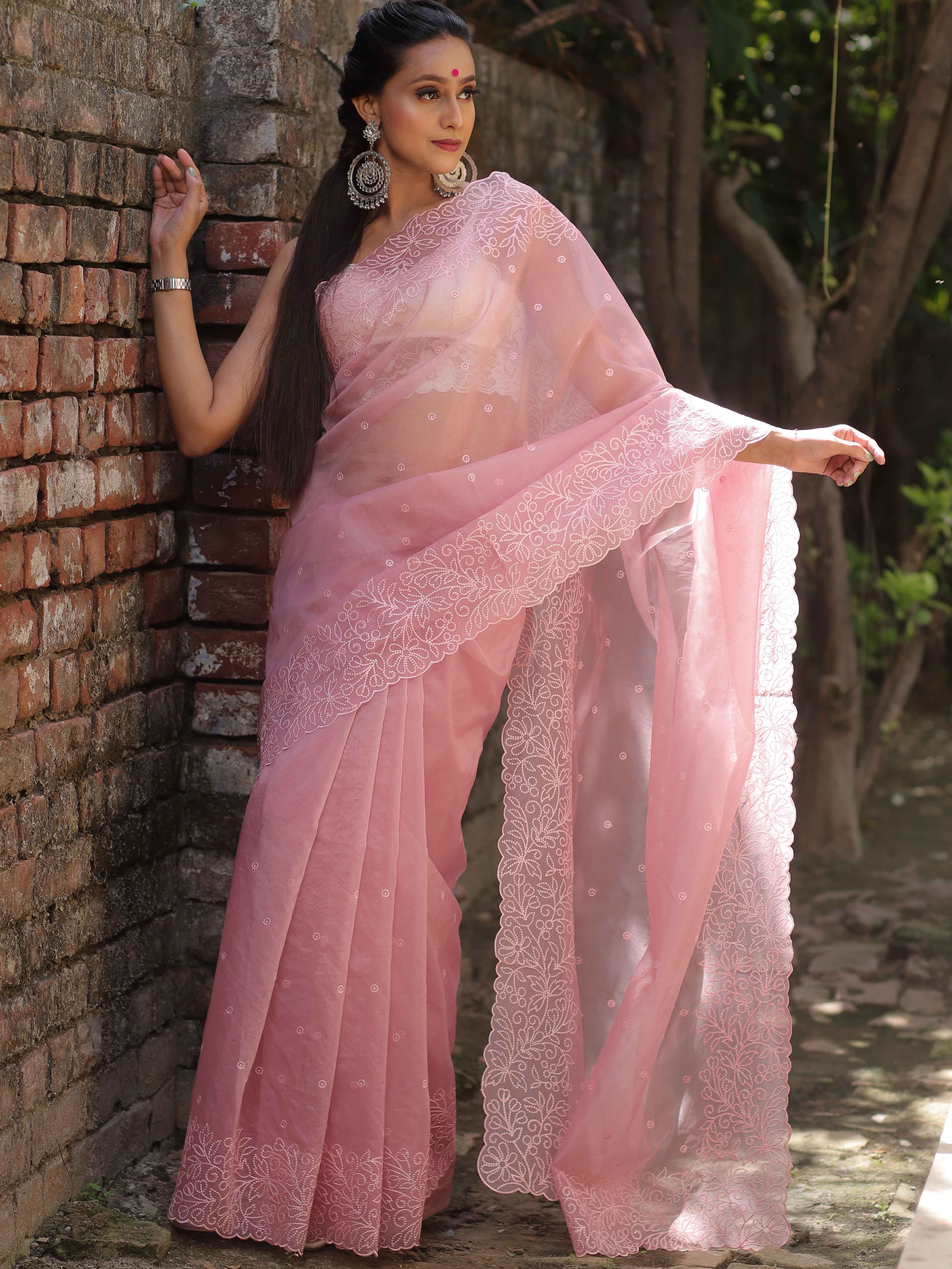 Banarasee Handwoven Organza Silk Floral Embroidered Saree-Onion Pink