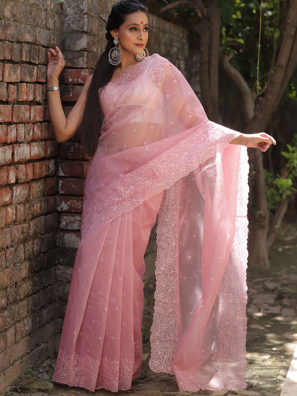 Banarasee Handwoven Organza Silk Floral Embroidered Saree-Onion Pink