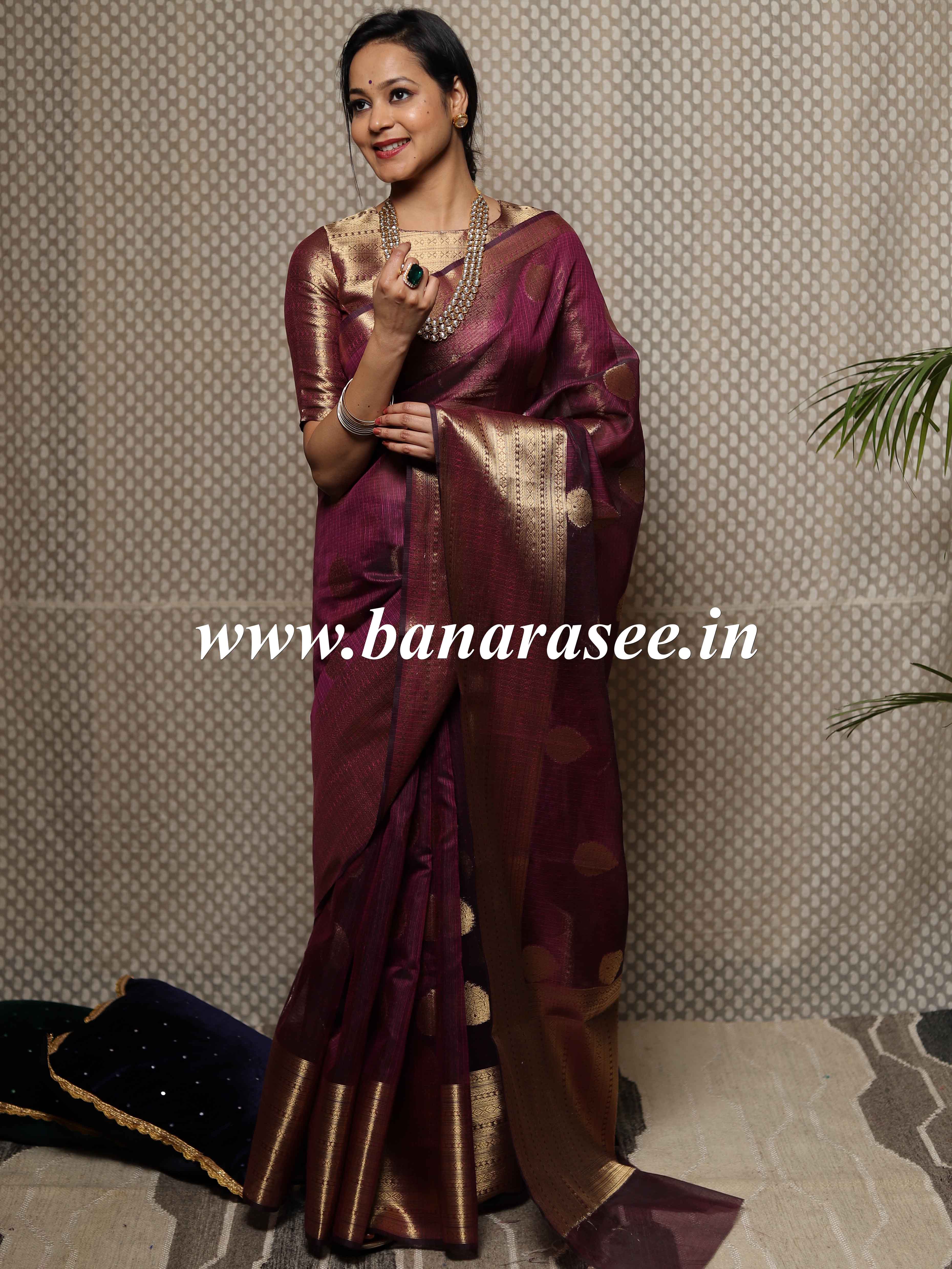 Banarasee Cotton Silk Saree With Antique Zari Buta & Border-Magenta