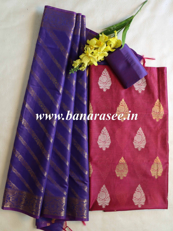Banarasee Cotton Silk Salwar Kameez Fabric & Dupatta-Onion Pink & Violet