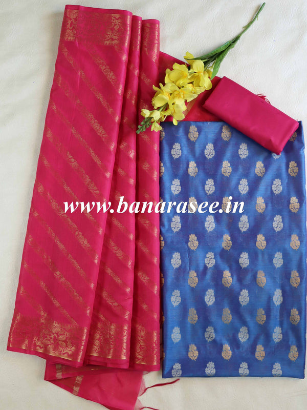 Banarasee Cotton Silk Salwar Kameez Fabric & Dupatta-Pink & Blue