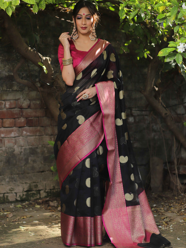 Banarasee Cotton Silk Mix Saree With Zari Paisley Buta-Black