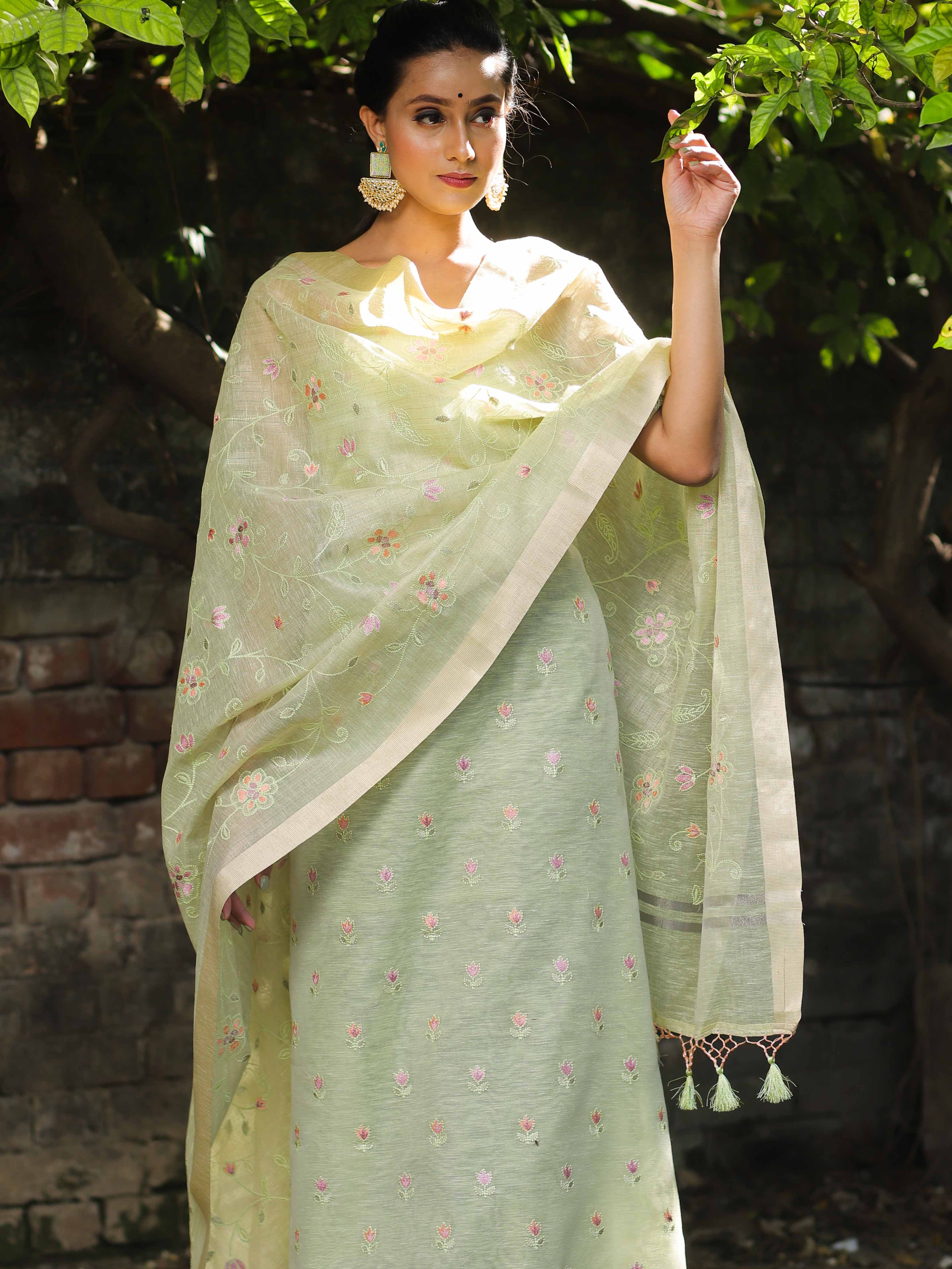 Banarasee Embroidered Linen Tissue Salwar Kameez With Dupatta-Pastel Green