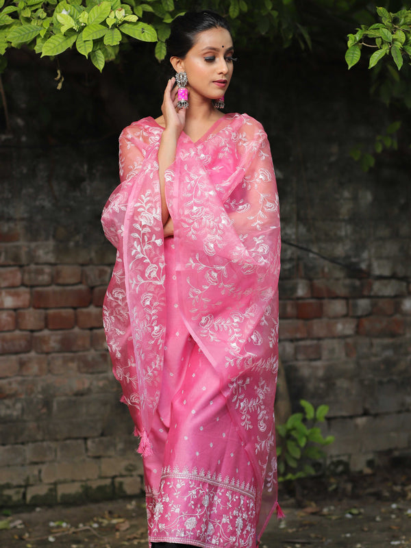Banarasee Chanderi Cotton Embroidered Salwar Kameez Fabric With Organza Dupatta-Pink