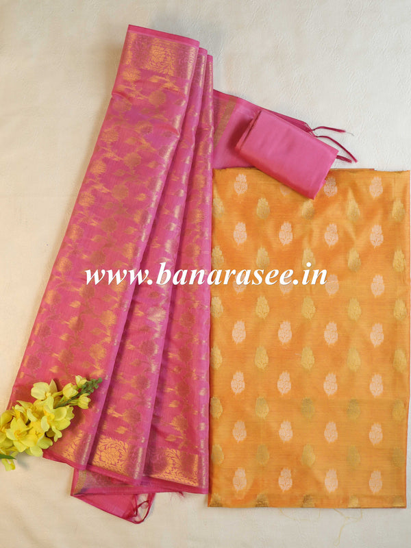 Banarasee Cotton Silk Salwar Kameez Fabric & Dupatta-Yellow & Pink