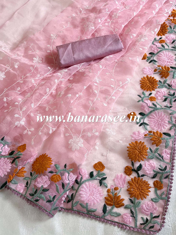 Banarasee Handwoven Organza Silk Resham Floral Embroidery Saree-Pink