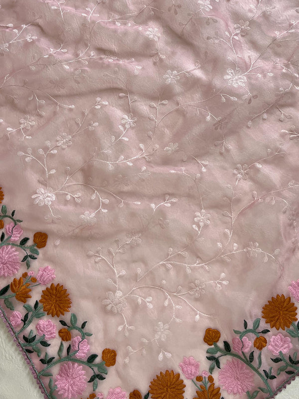 Banarasee Handwoven Organza Silk Resham Floral Embroidery Saree-Pink