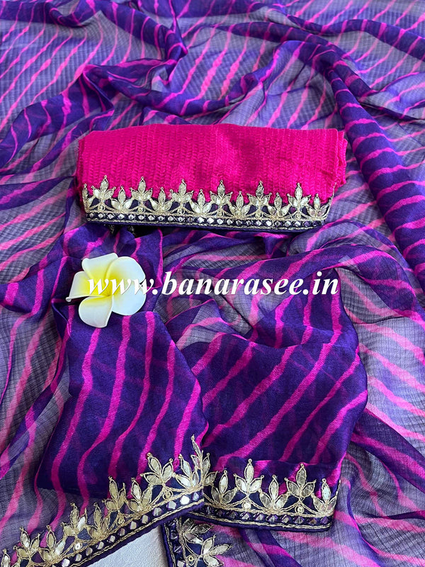 Banarasee Pure Chiffon Leheriya Saree With Hand-Embroidered Gotapatti Work & Silk Blouse-Violet