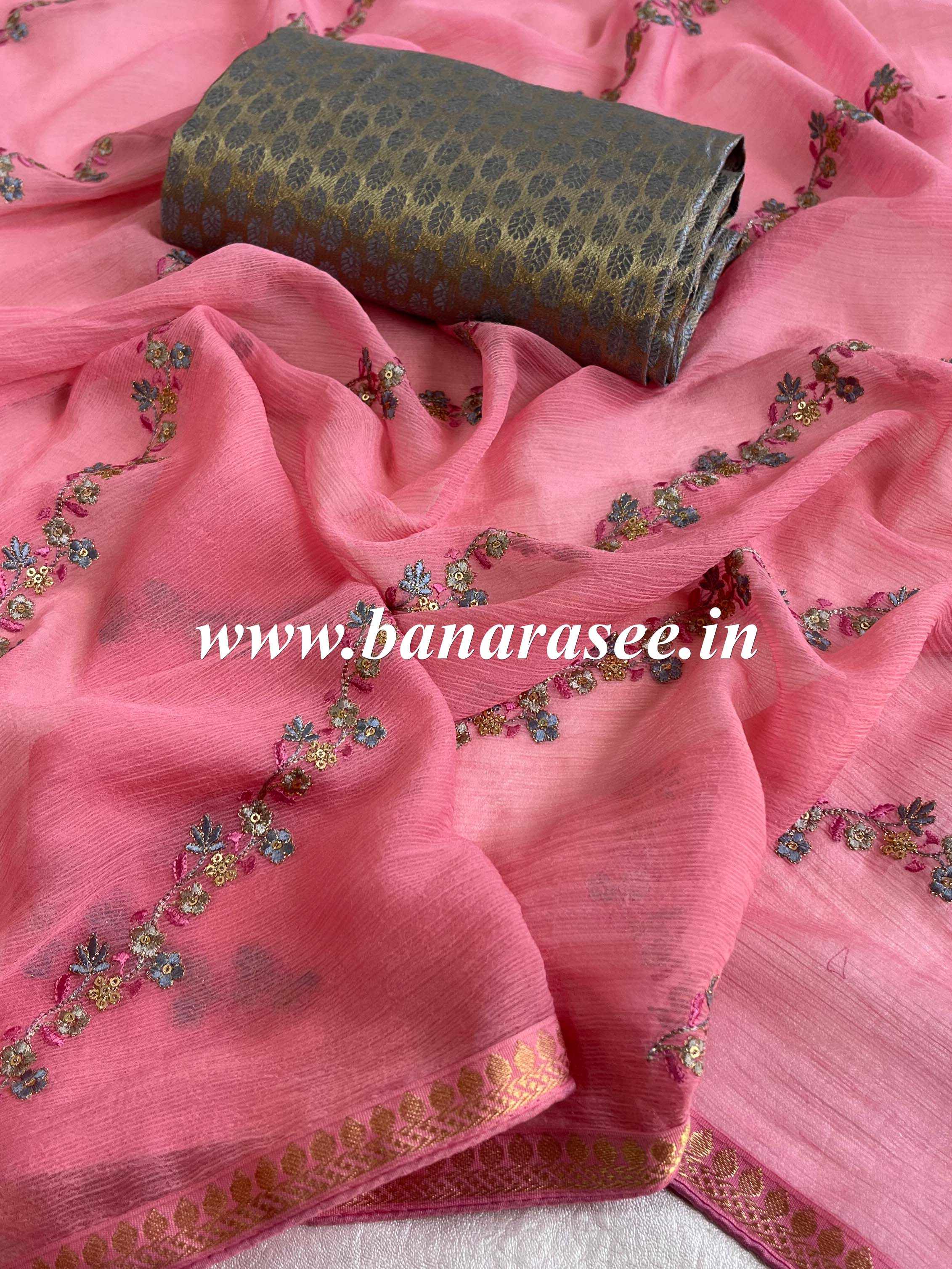 Banarasee Pure Chiffon Saree With Embroidery Work & Thin Banarasee Border-Pink