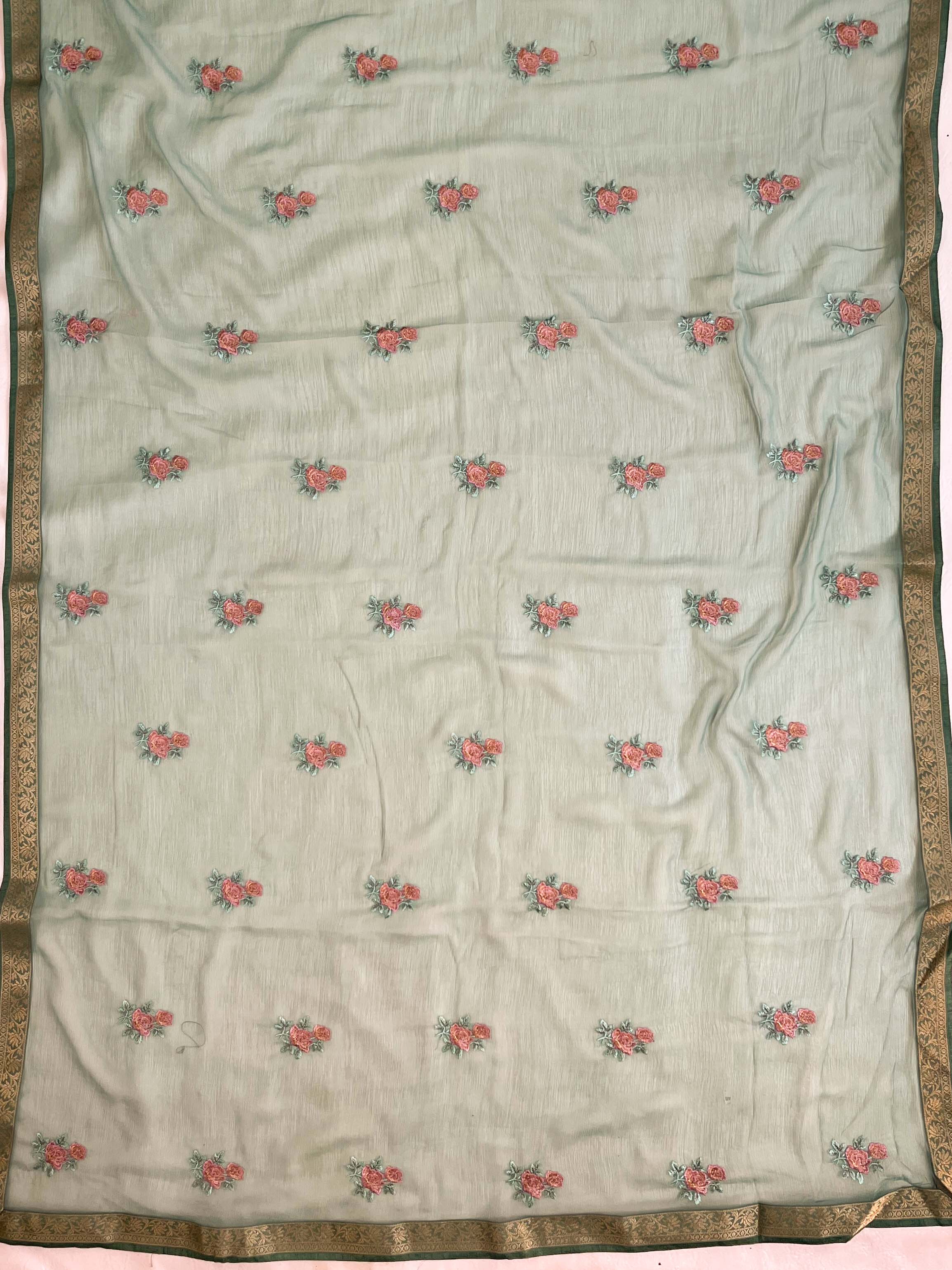 Banarasee Pure Chiffon Saree With Embroidery Work & Banarasee Border-Green