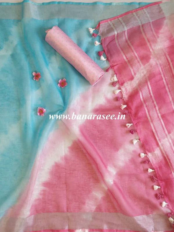 Banarasee Handloom Pure Linen Shibori Dye Silver Border Saree-Pink & Blue