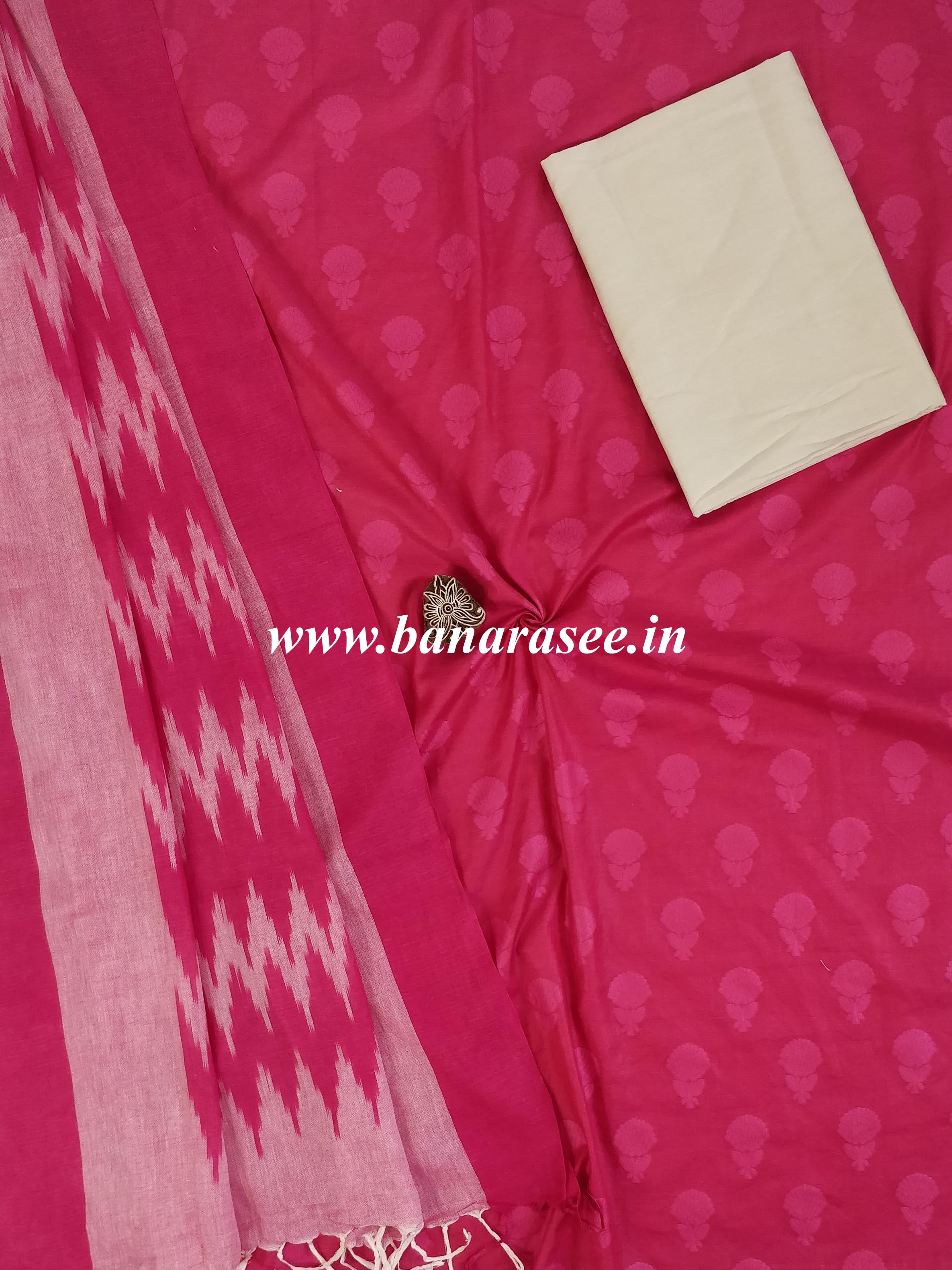 Pure Handloom Cotton Self Weaving Salwar Kameez Set With Ikkat Dupatta-Pink