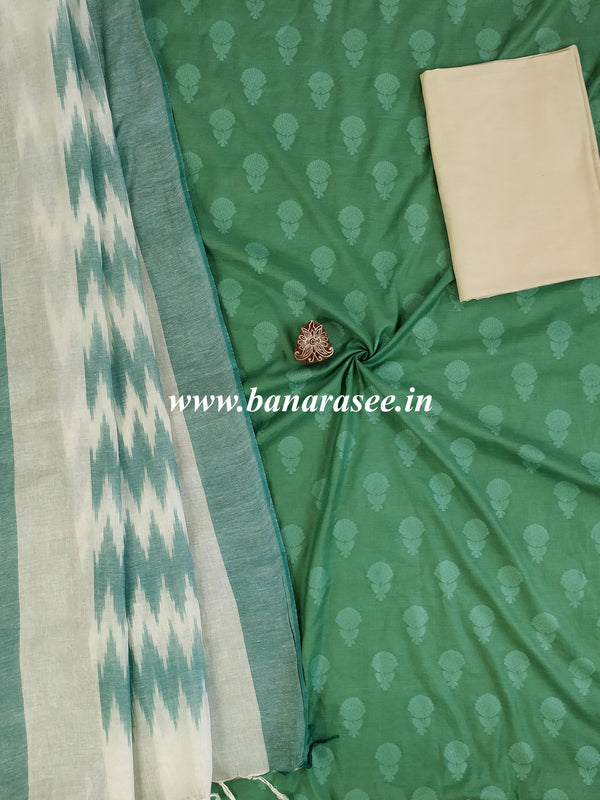 Pure Handloom Cotton Self Weaving Salwar Kameez Set With Ikkat Dupatta-Green