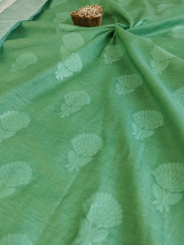 Pure Handloom Cotton Self Weaving Salwar Kameez Set With Ikkat Dupatta-Green