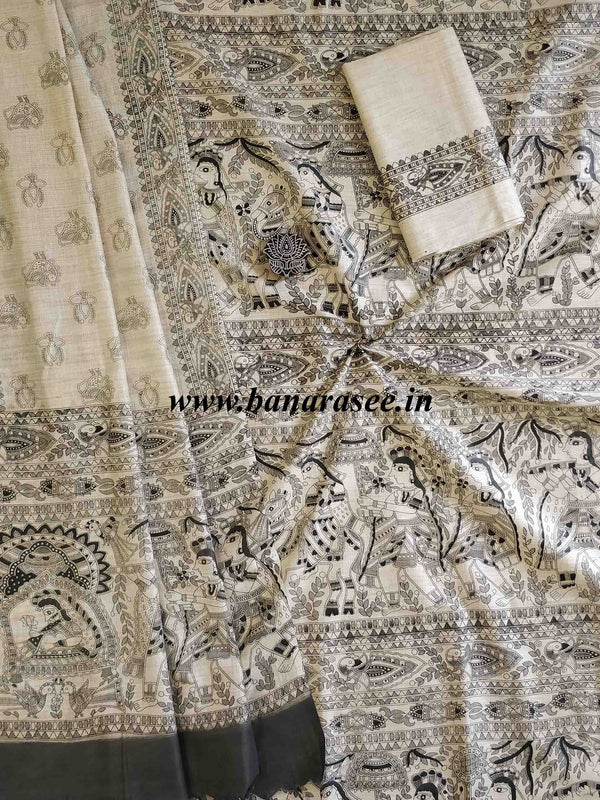 Pure Handloom Khadi Cotton Madhubani Print Salwar Kameez Dupatta Set-Beige
