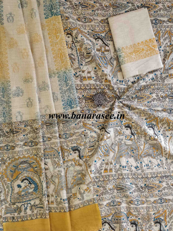 Pure Handloom Khadi Cotton Madhubani Print Salwar Kameez Dupatta Set-Beige